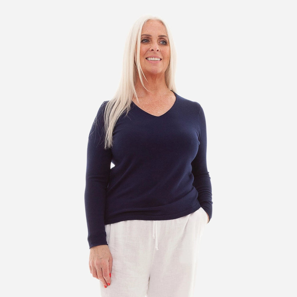 Fitted V Neck Jumper - Navy - Simply Rye