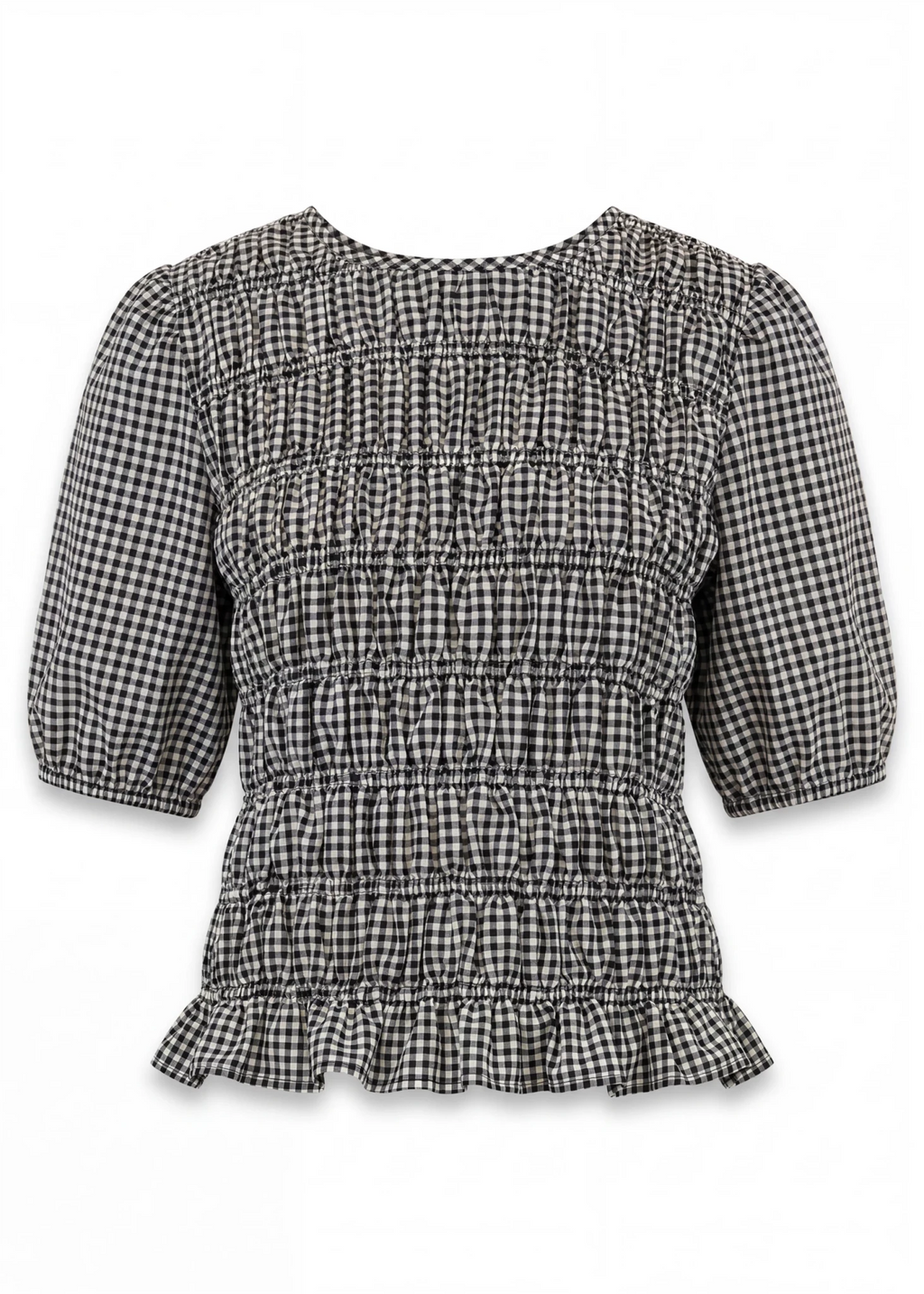 Gingham Check Shirred Bodice Top - Black - Simply Rye