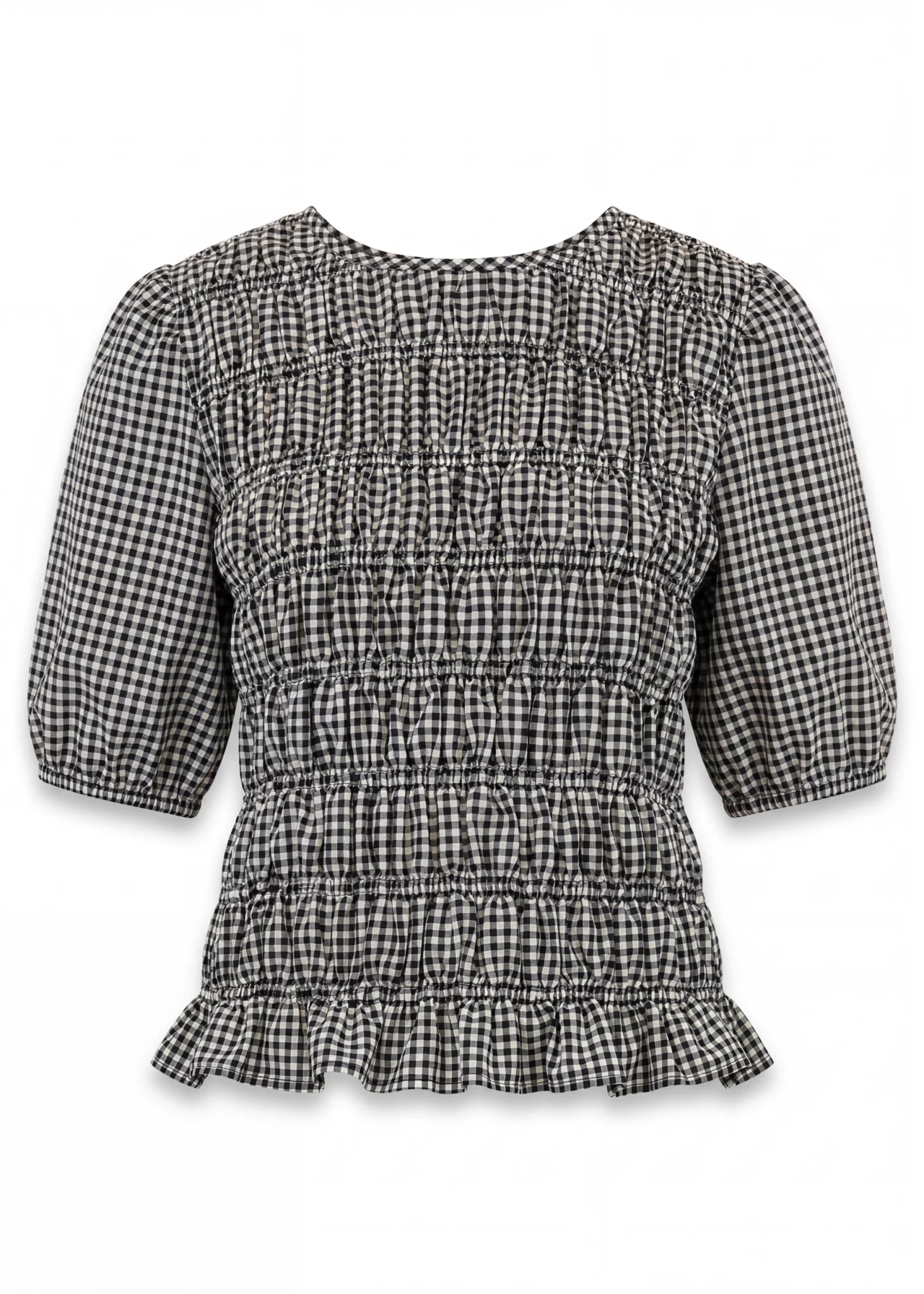 Gingham Check Shirred Bodice Top - Black - Simply Rye