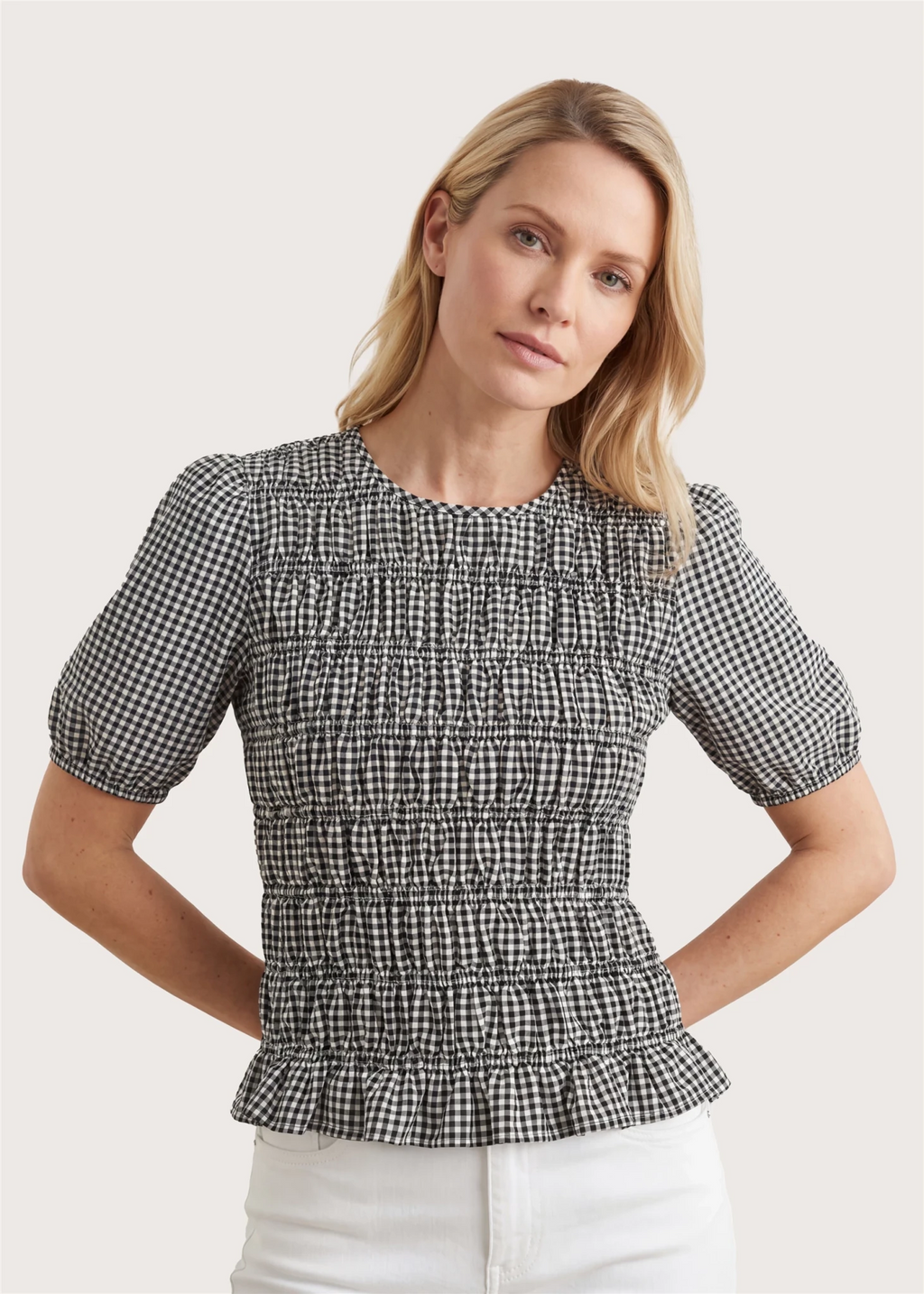 Gingham Check Shirred Bodice Top - Black - Simply Rye