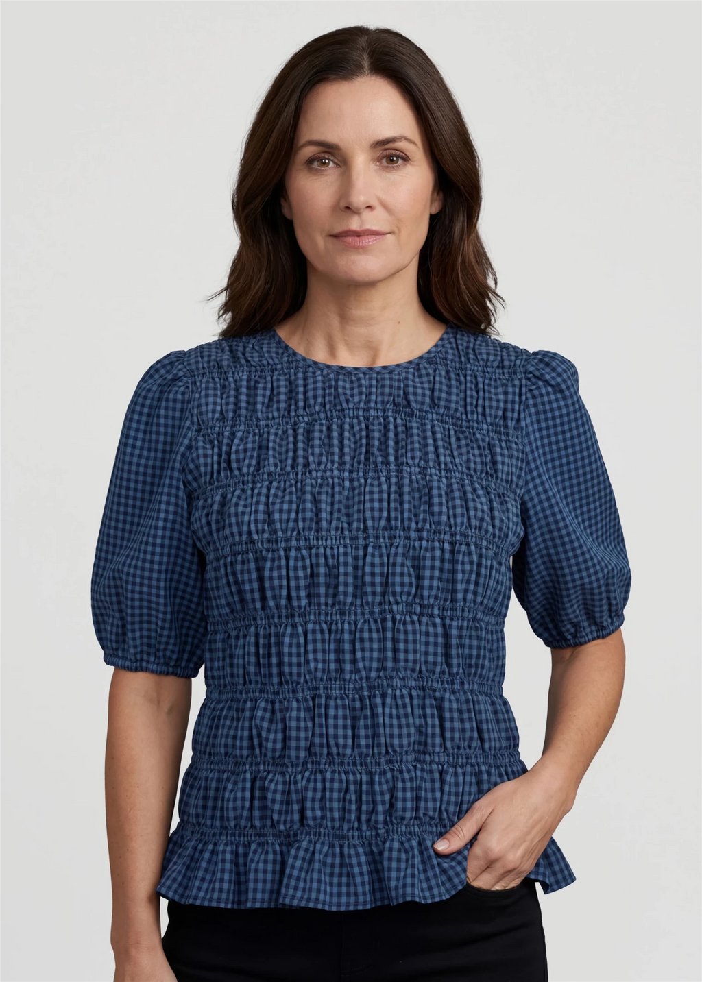 Gingham Check Shirred Bodice Top - Denim Blue - Simply Rye