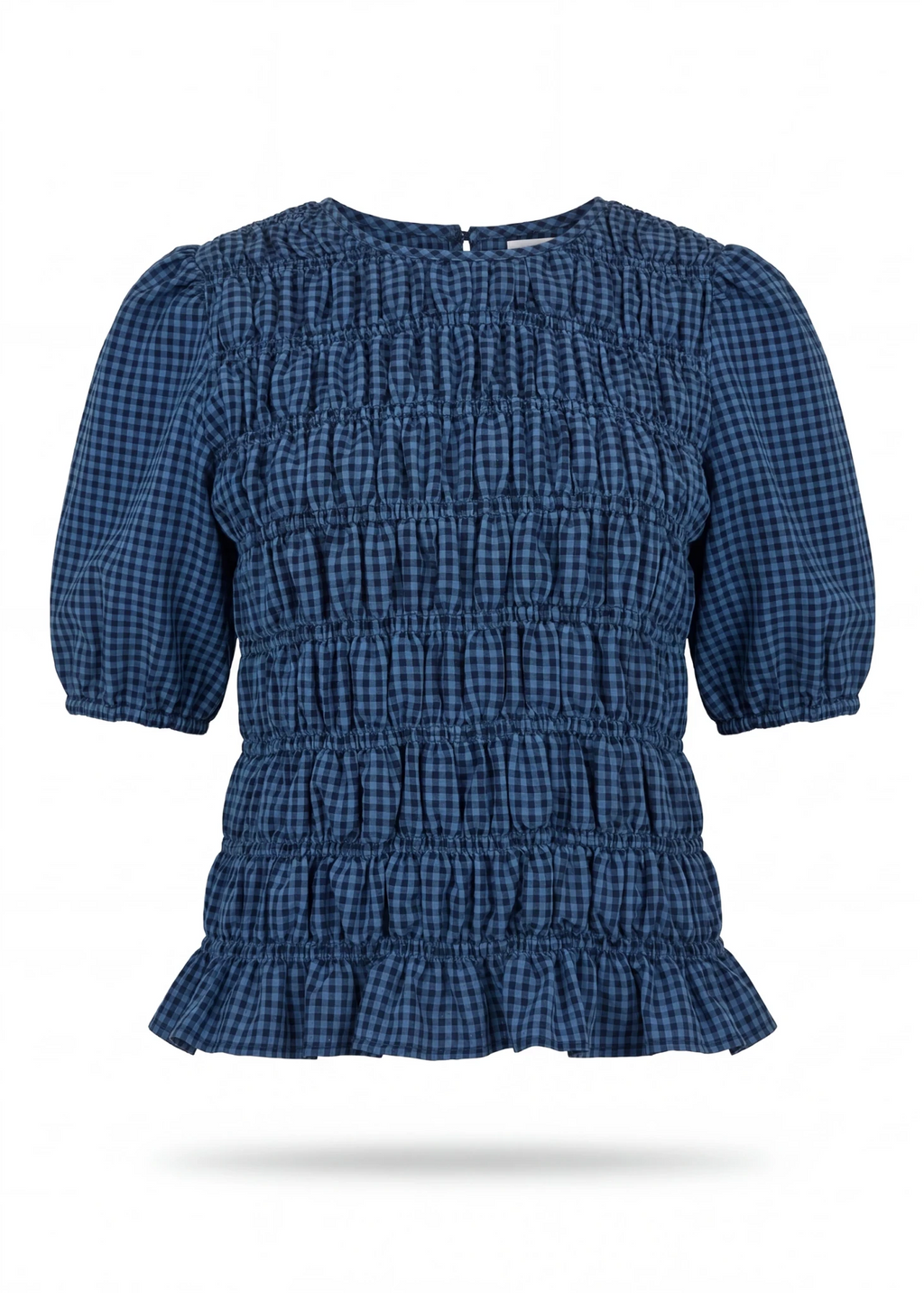 Gingham Check Shirred Bodice Top - Denim Blue - Simply Rye
