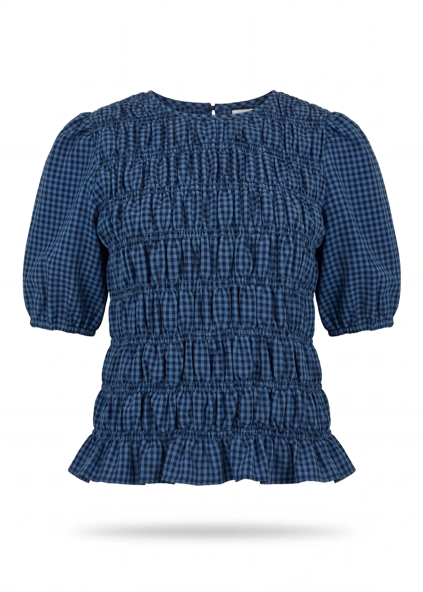 Gingham Check Shirred Bodice Top - Denim Blue - Simply Rye