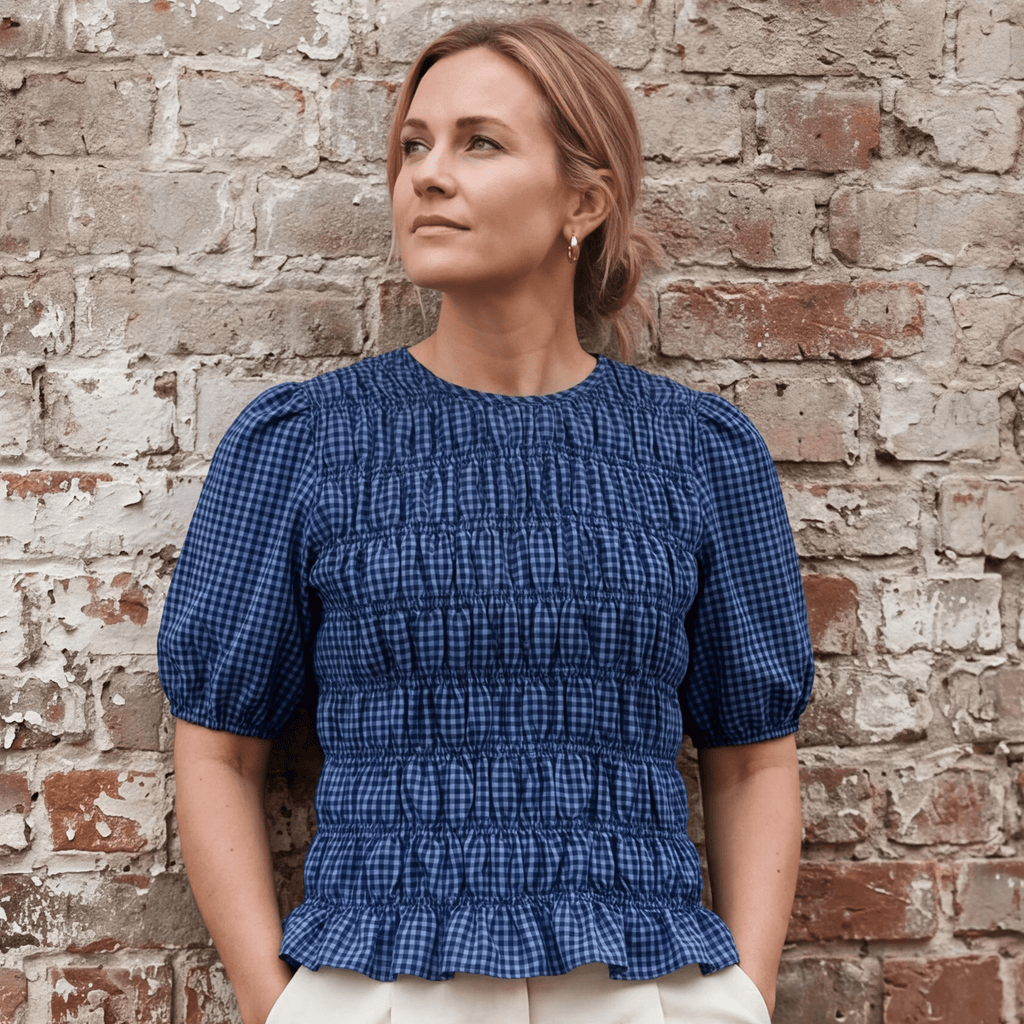 Gingham Check Shirred Bodice Top - Denim Blue - Simply Rye