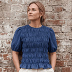 Gingham Check Shirred Bodice Top - Denim Blue - Simply Rye