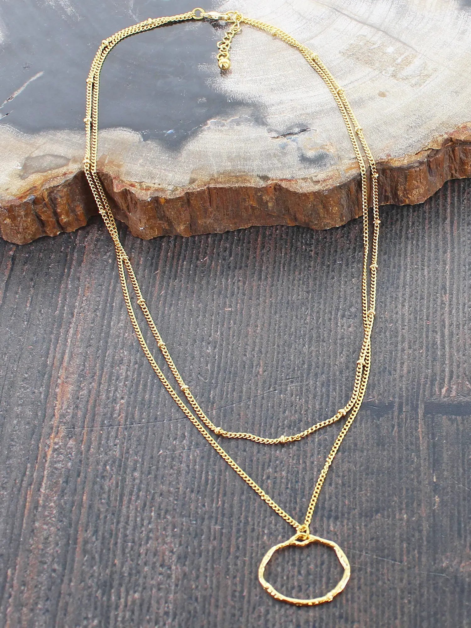 Gold Plated Double Chain Necklace with Ring Pendant - Simply Rye