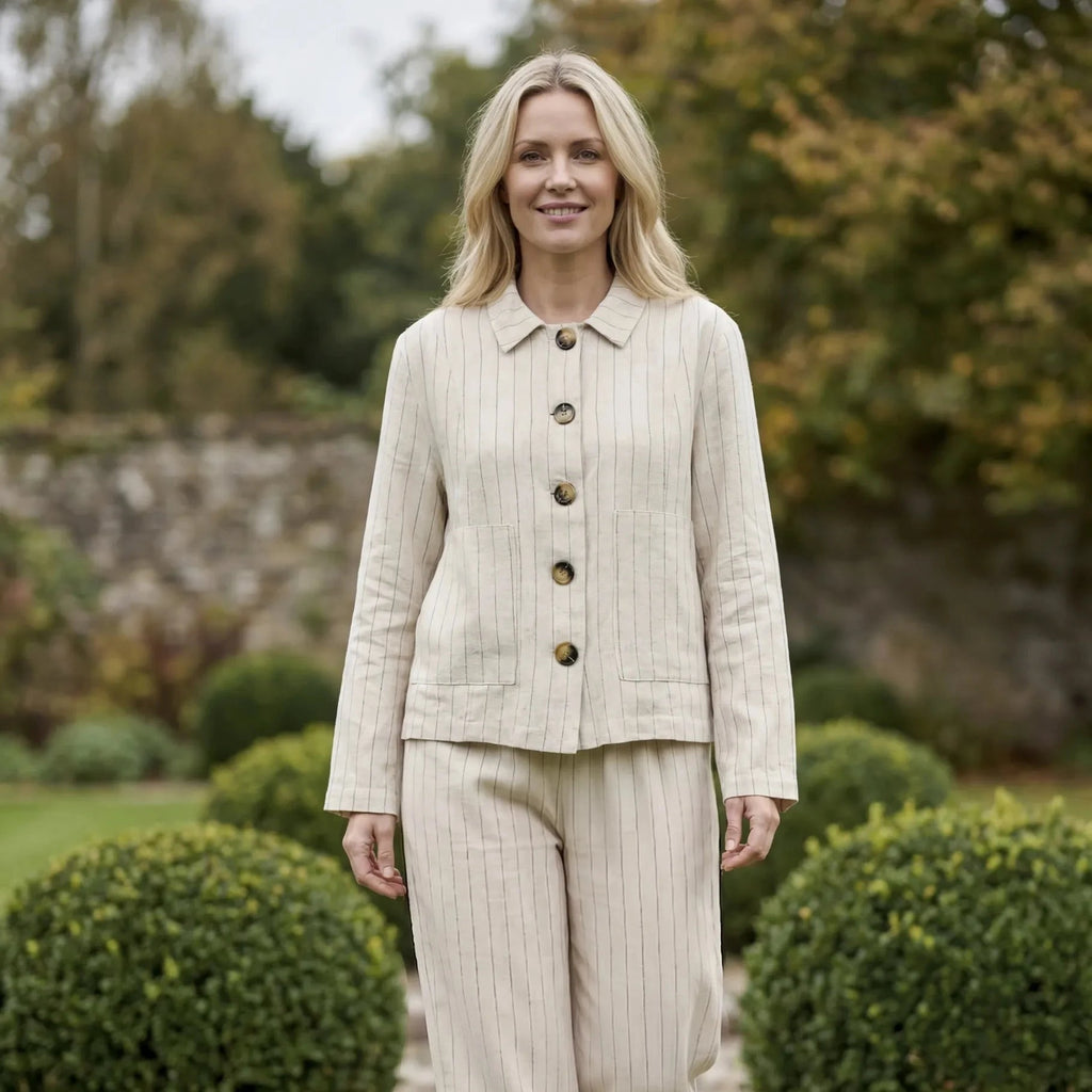 Linen Blend Pinstripe Boxy Crop Jacket - Natural - Simply Rye