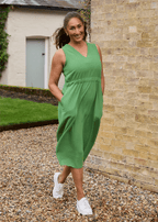 Linen Blend Sleeveless V Neck Dress - Basil Green - Simply Rye