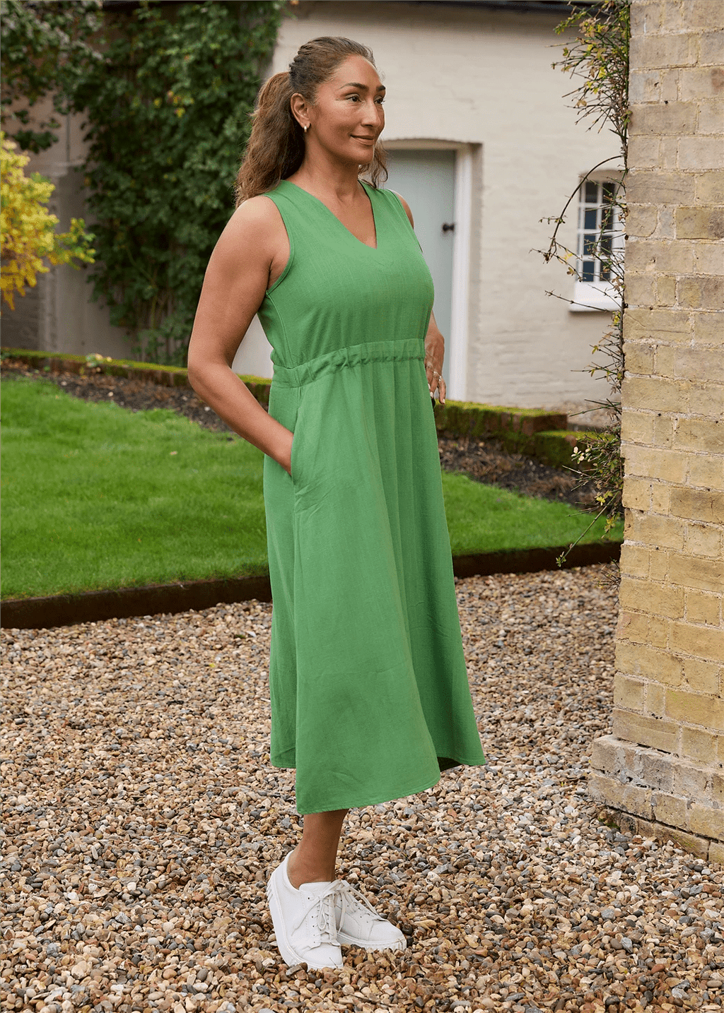 Linen Blend Sleeveless V Neck Dress - Basil Green - Simply Rye
