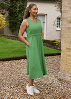 Linen Blend Sleeveless V Neck Dress - Basil Green - Simply Rye