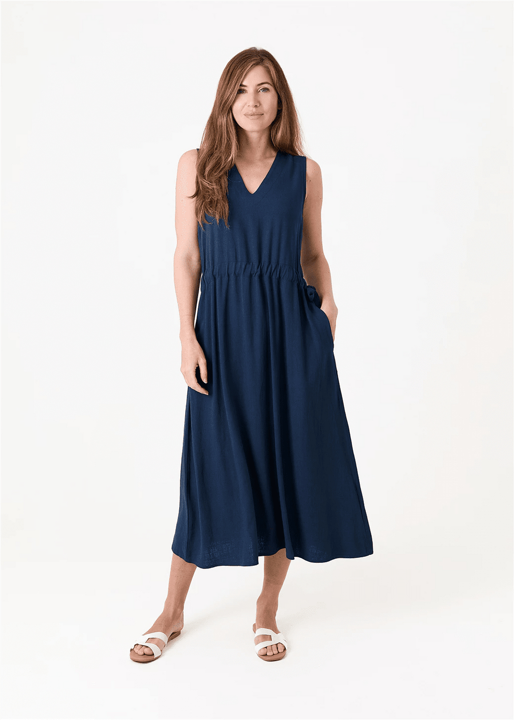 Linen Blend Sleeveless V Neck Dress - Navy - Simply Rye