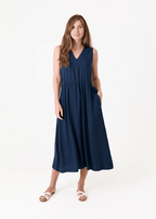 Linen Blend Sleeveless V Neck Dress - Navy - Simply Rye