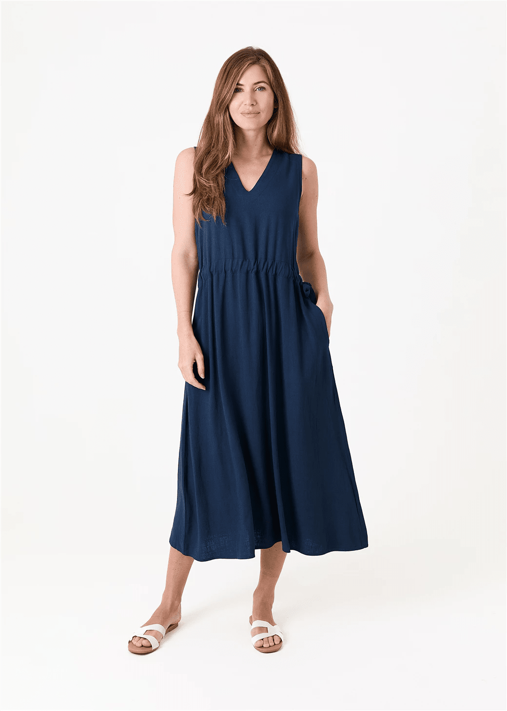 Linen Blend Sleeveless V Neck Dress - Navy - Simply Rye