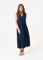 Linen Blend Sleeveless V Neck Dress - Navy - Simply Rye