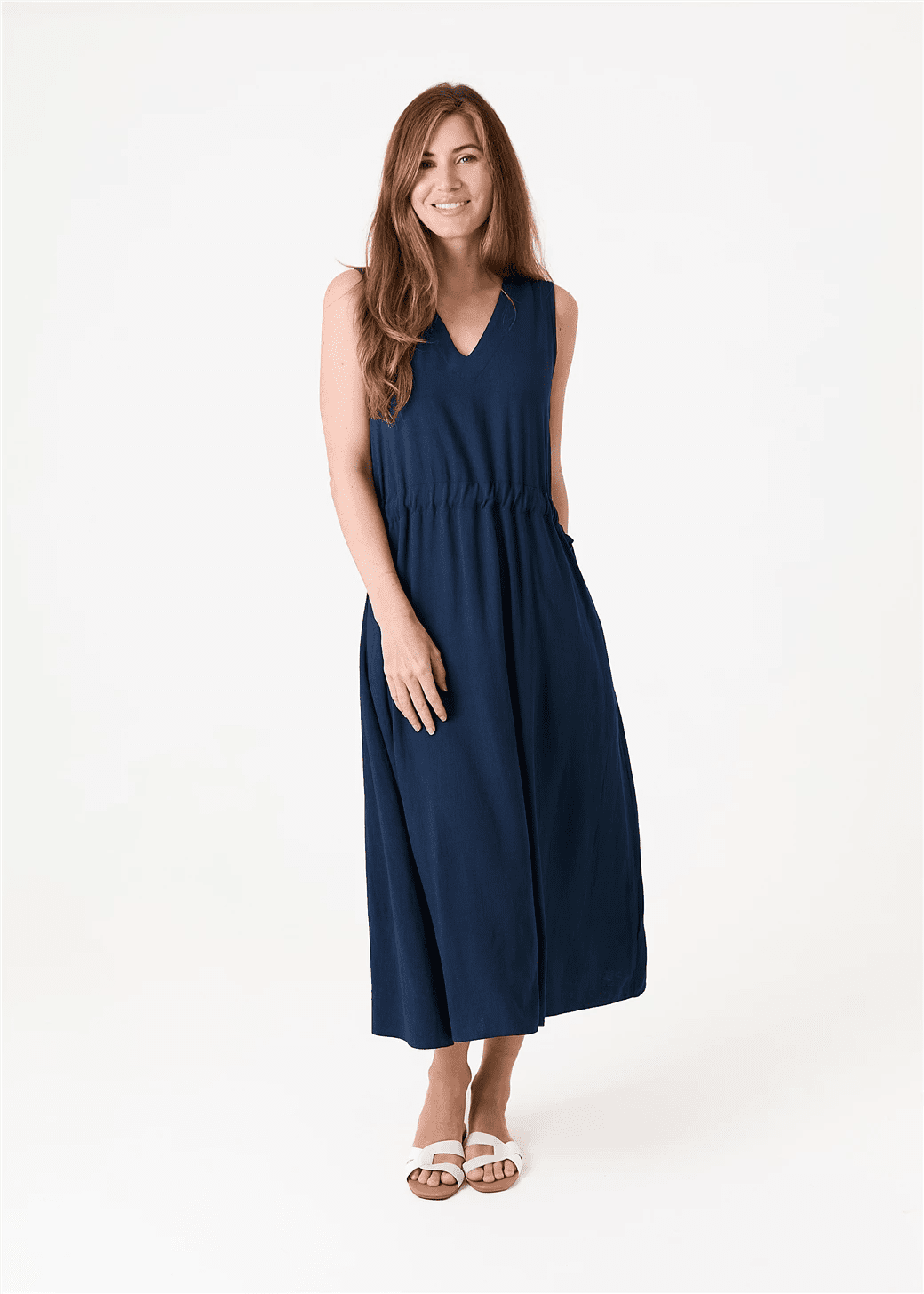 Linen Blend Sleeveless V Neck Dress - Navy - Simply Rye