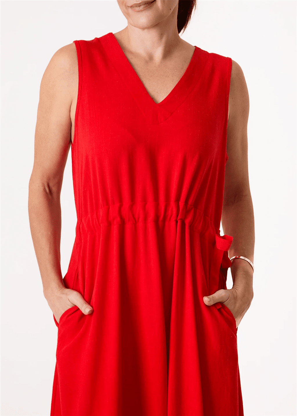 Linen Blend Sleeveless V Neck Dress - Poppy Red - Simply Rye