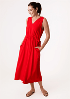 Linen Blend Sleeveless V Neck Dress - Poppy Red - Simply Rye