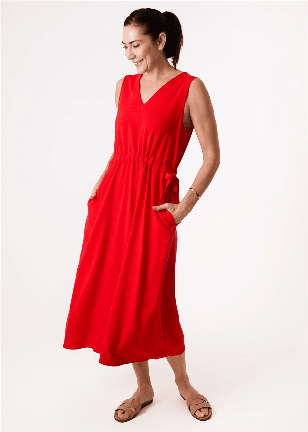 Linen Blend Sleeveless V Neck Dress - Poppy Red - Simply Rye