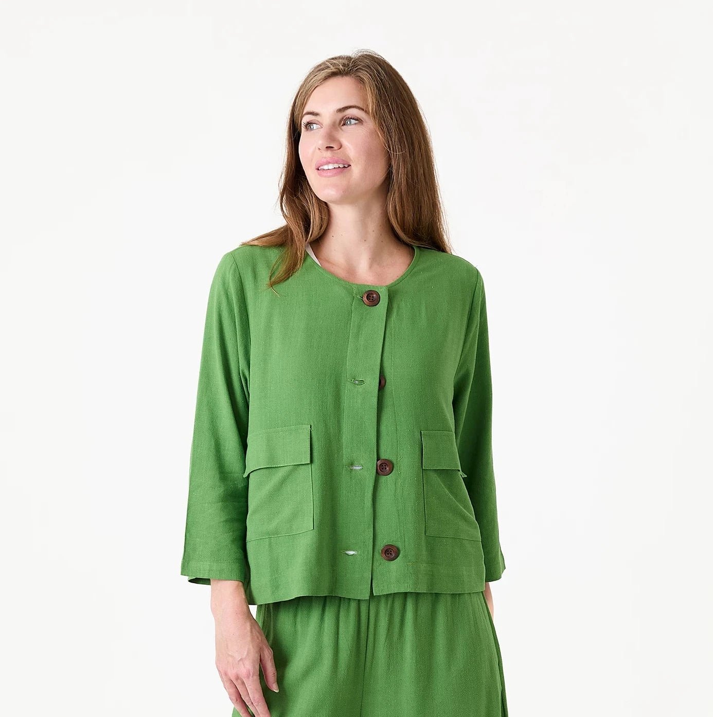 Linen Mix Boxy Round Neck Two Pocket Jacket - Basil Green - Simply Rye