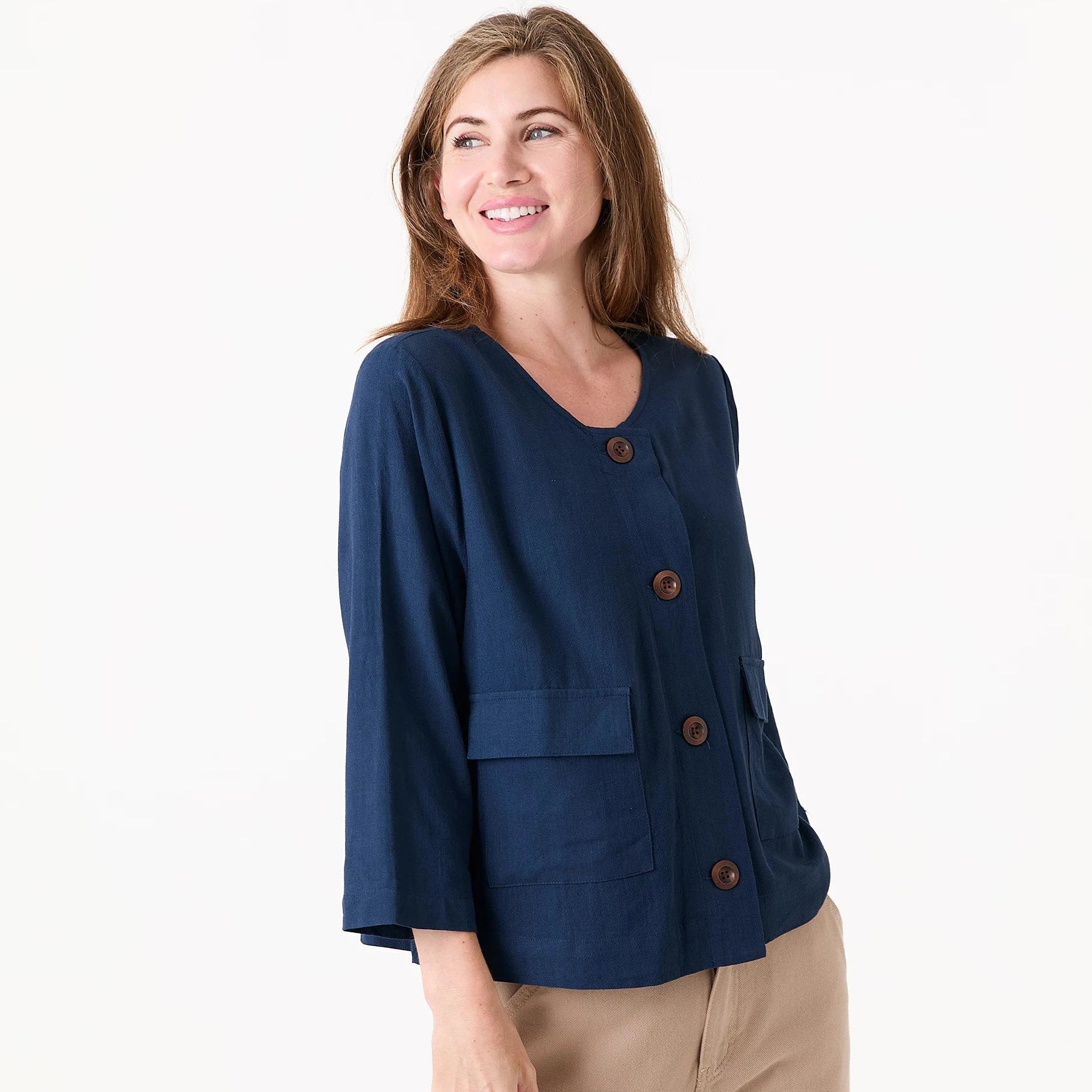 Linen Mix Boxy Round Neck Two Pocket Jacket - Navy - Simply Rye
