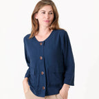 Linen Mix Boxy Round Neck Two Pocket Jacket - Navy - Simply Rye