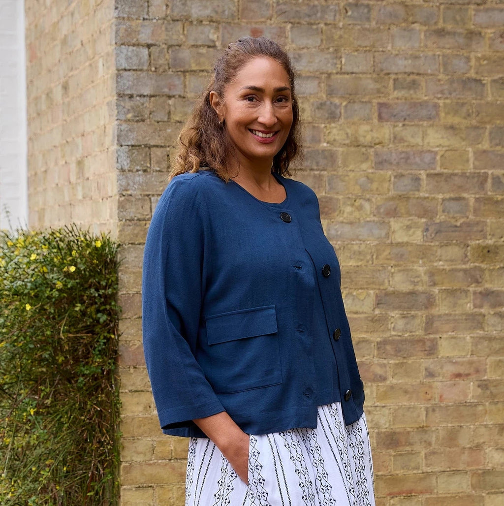 Linen Mix Boxy Round Neck Two Pocket Jacket - Navy - Simply Rye