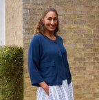 Linen Mix Boxy Round Neck Two Pocket Jacket - Navy - Simply Rye