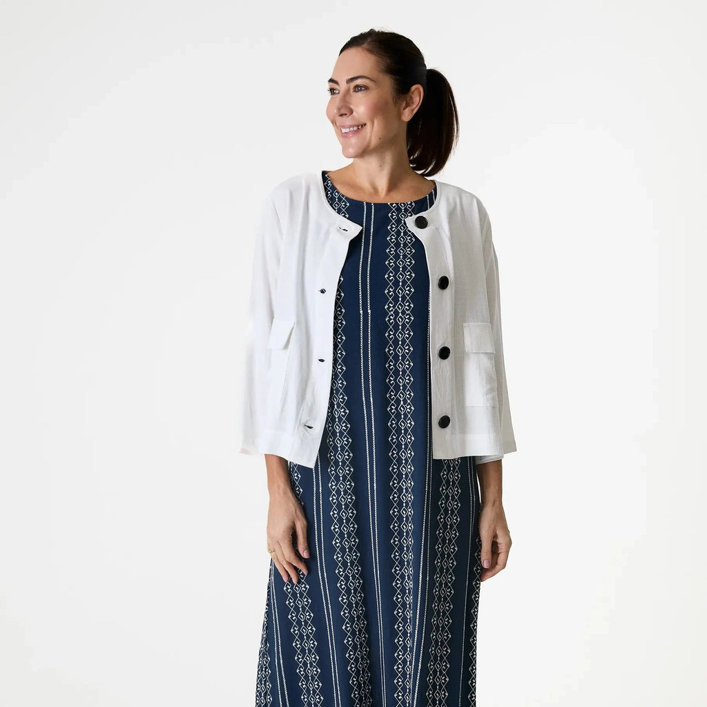 Linen Mix Boxy Round Neck Two Pocket Jacket - White - Simply Rye