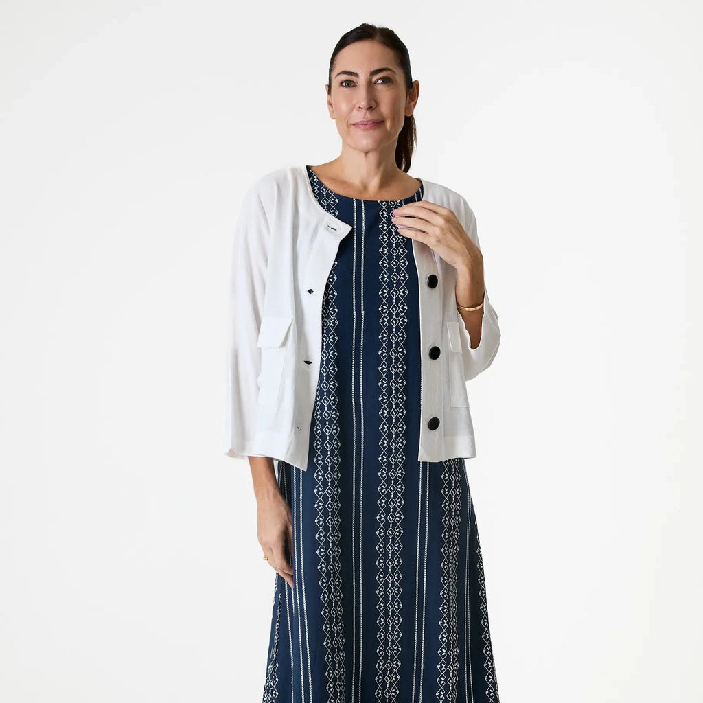 Linen Mix Boxy Round Neck Two Pocket Jacket - White - Simply Rye