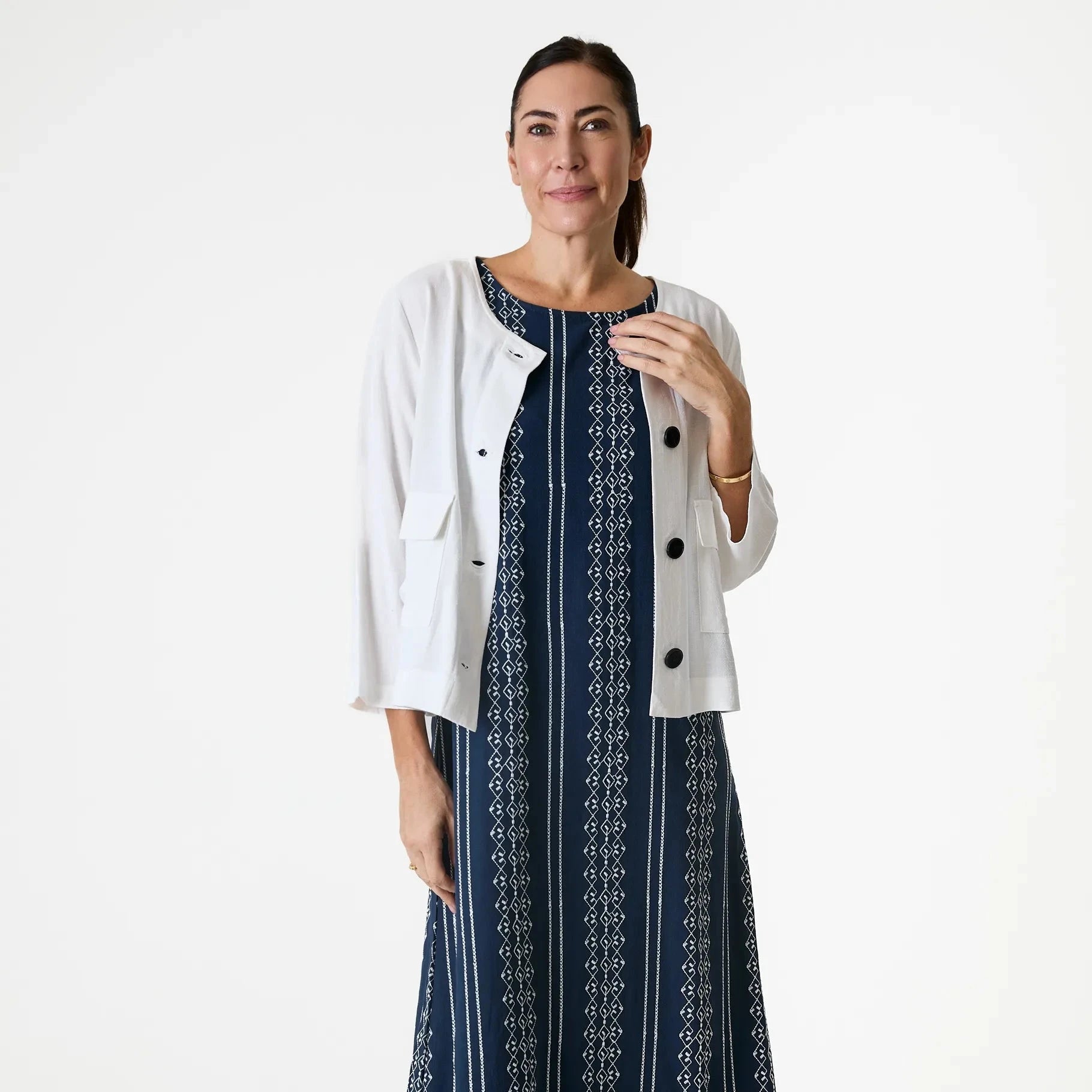 Linen Mix Boxy Round Neck Two Pocket Jacket - White - Simply Rye