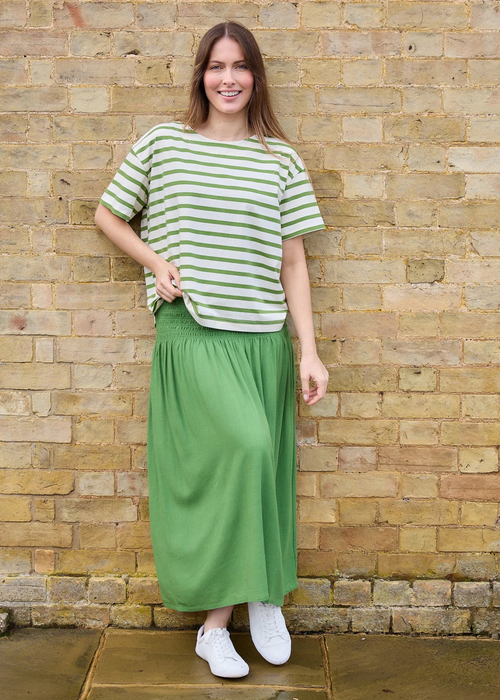 Linen Mix Shirred Waist A - Line Maxi Skirt - Basil Green - Simply Rye