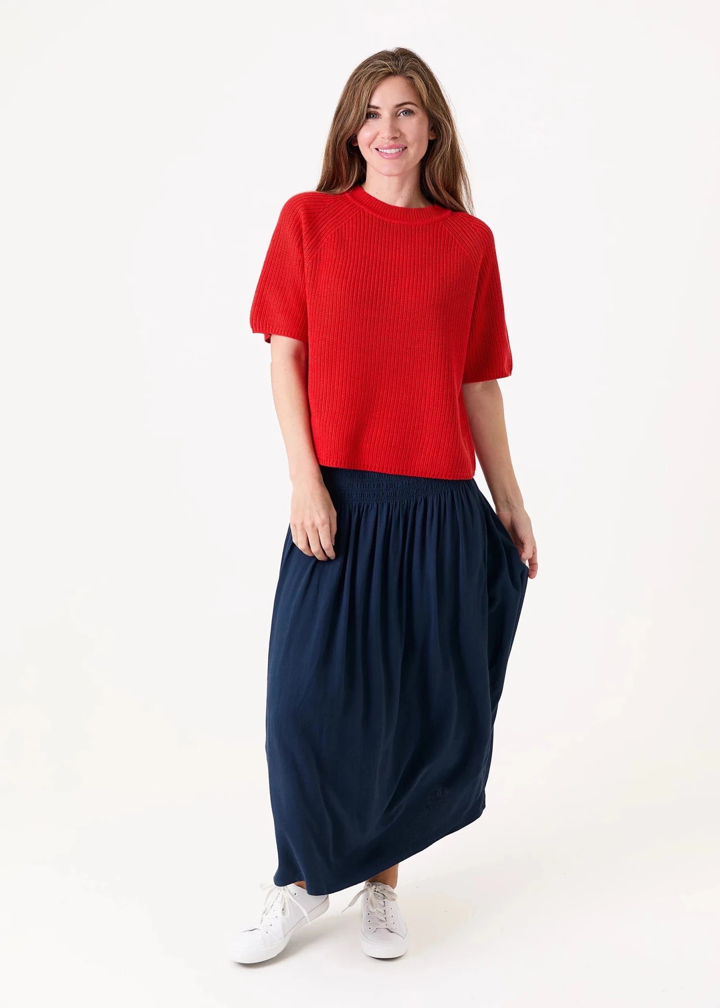 Linen Mix Shirred Waist A - Line Maxi Skirt - Navy - Simply Rye