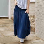 Linen Mix Shirred Waist A - Line Maxi Skirt - Navy - Simply Rye