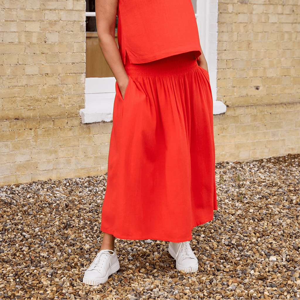 Linen Mix Shirred Waist A - Line Maxi Skirt - Poppy Red - Simply Rye