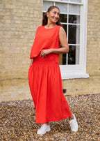 Linen Mix Shirred Waist A - Line Maxi Skirt - Poppy Red - Simply Rye