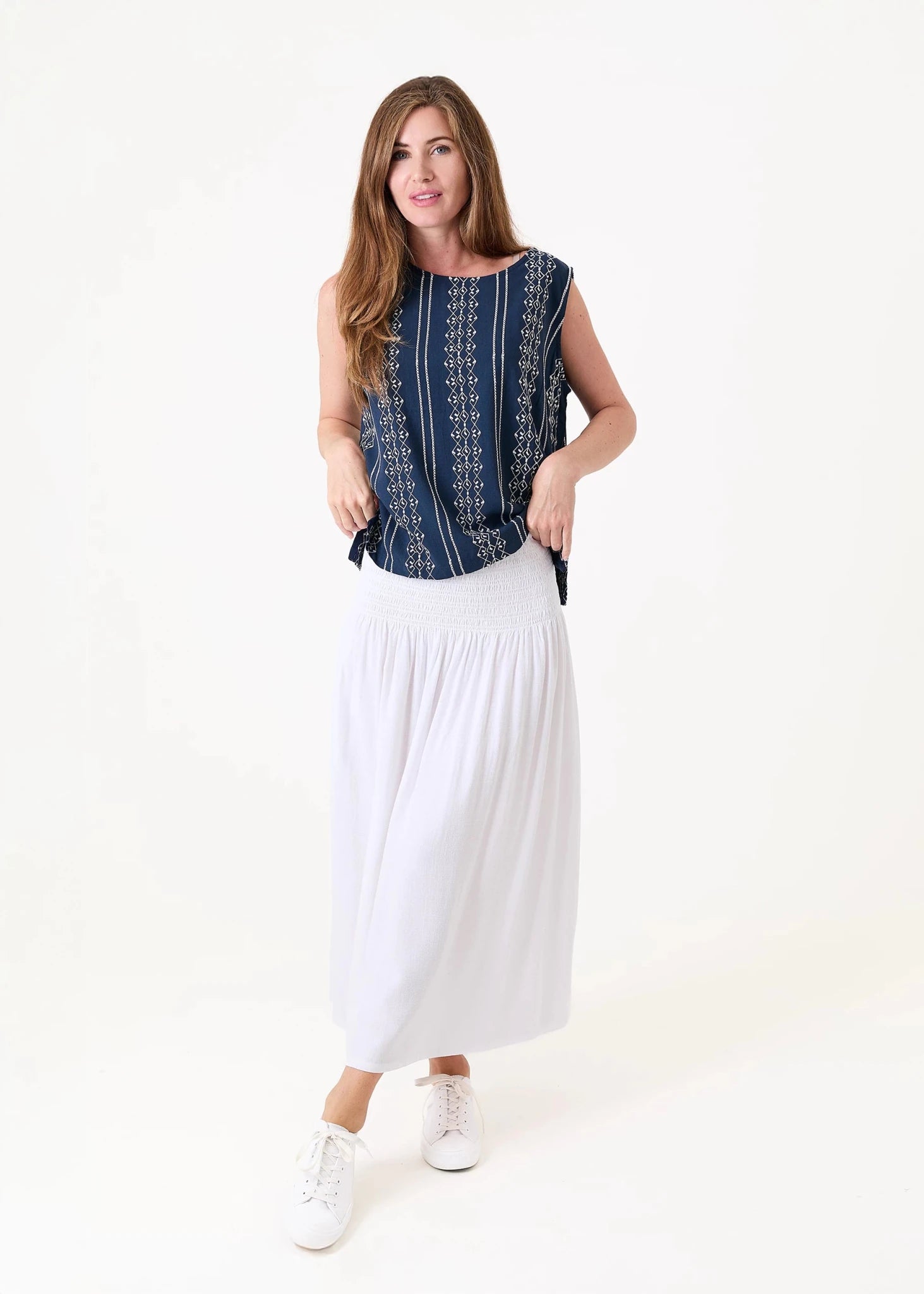 Linen Mix Shirred Waist A - Line Maxi Skirt - White - Simply Rye