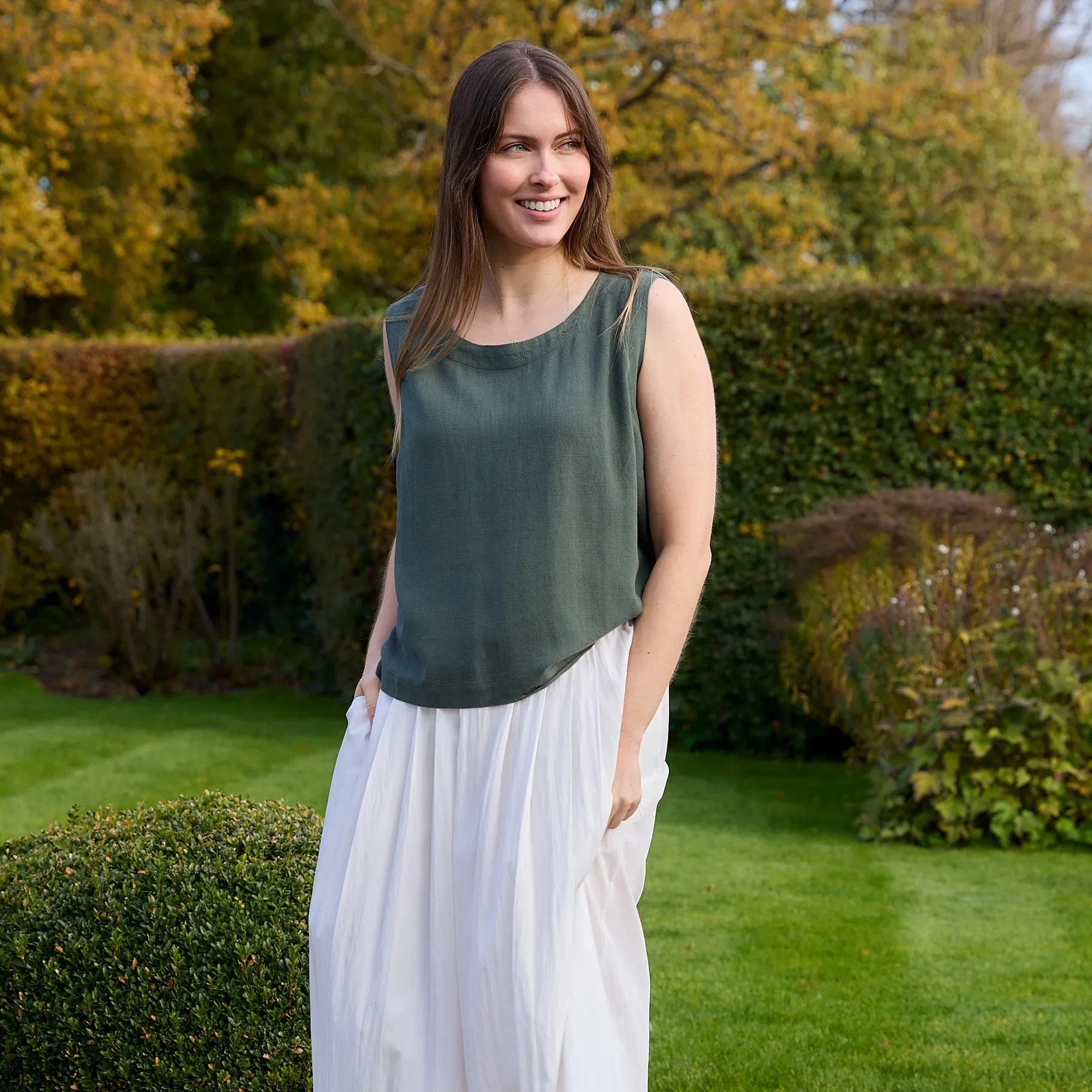 Linen Viscose Button Back Vest - Khaki - Simply Rye