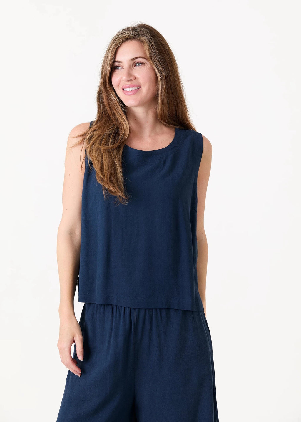 Linen Viscose Button Back Vest - Navy - Simply Rye