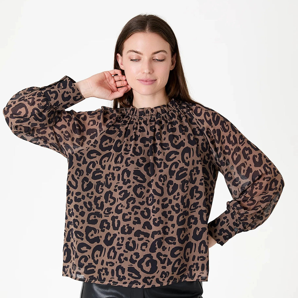 Painterly Leopard High Neck Blouse - Mink