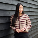 Boxy Crew Neck Stripe Cardigan - Mink/Burgundy