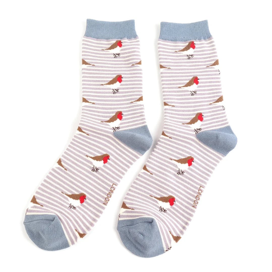 Miss Sparrow Robins on Stripes Socks - Simply Rye