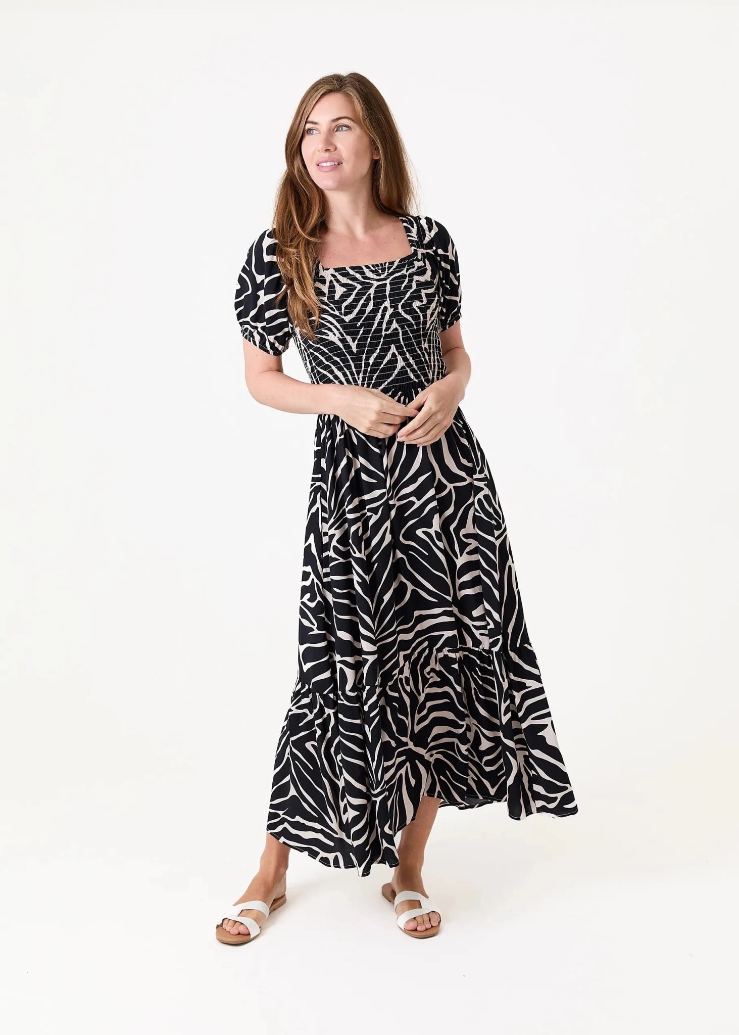 Mono Zebra Shirring Dress - Simply Rye