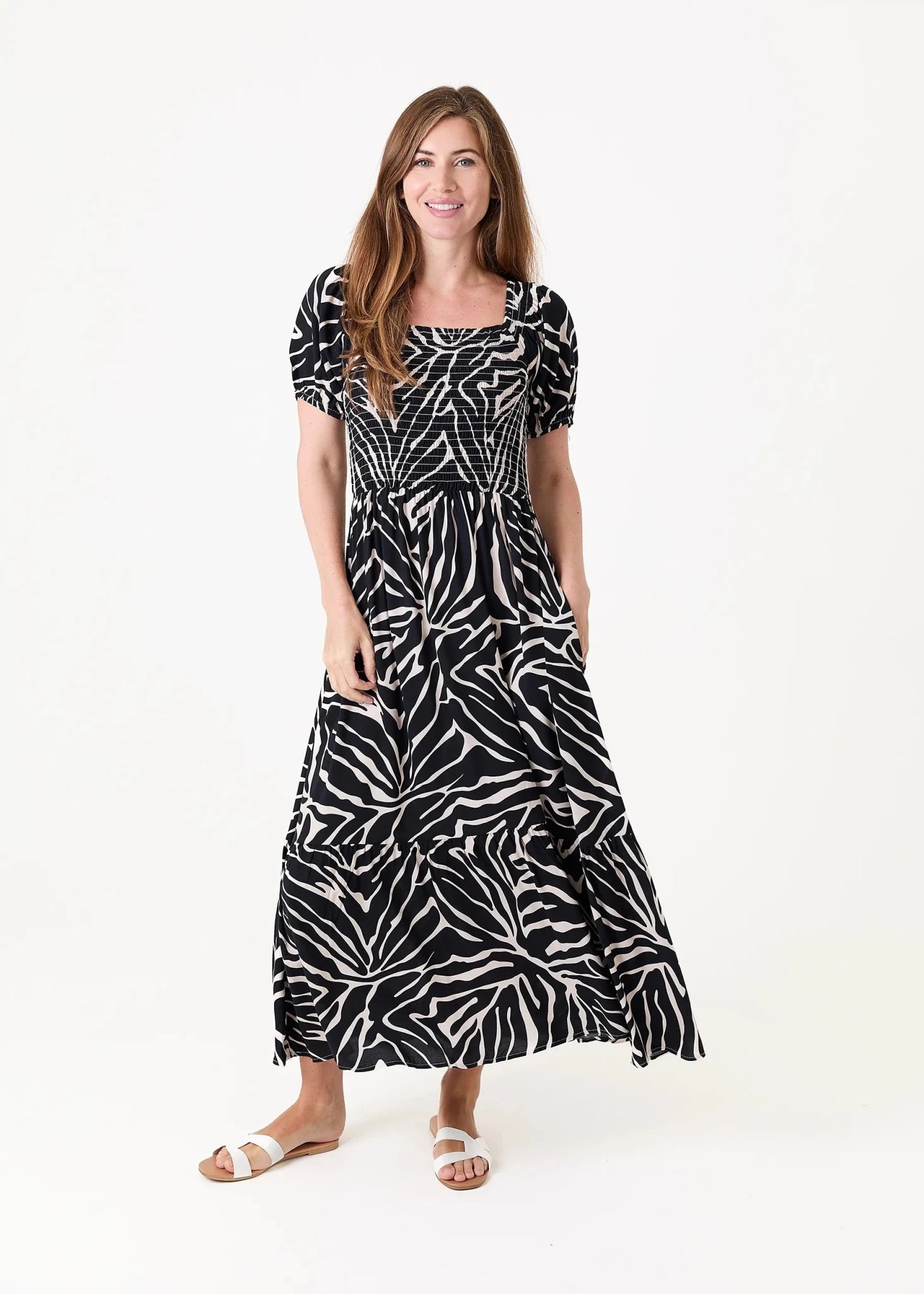 Mono Zebra Shirring Dress - Simply Rye