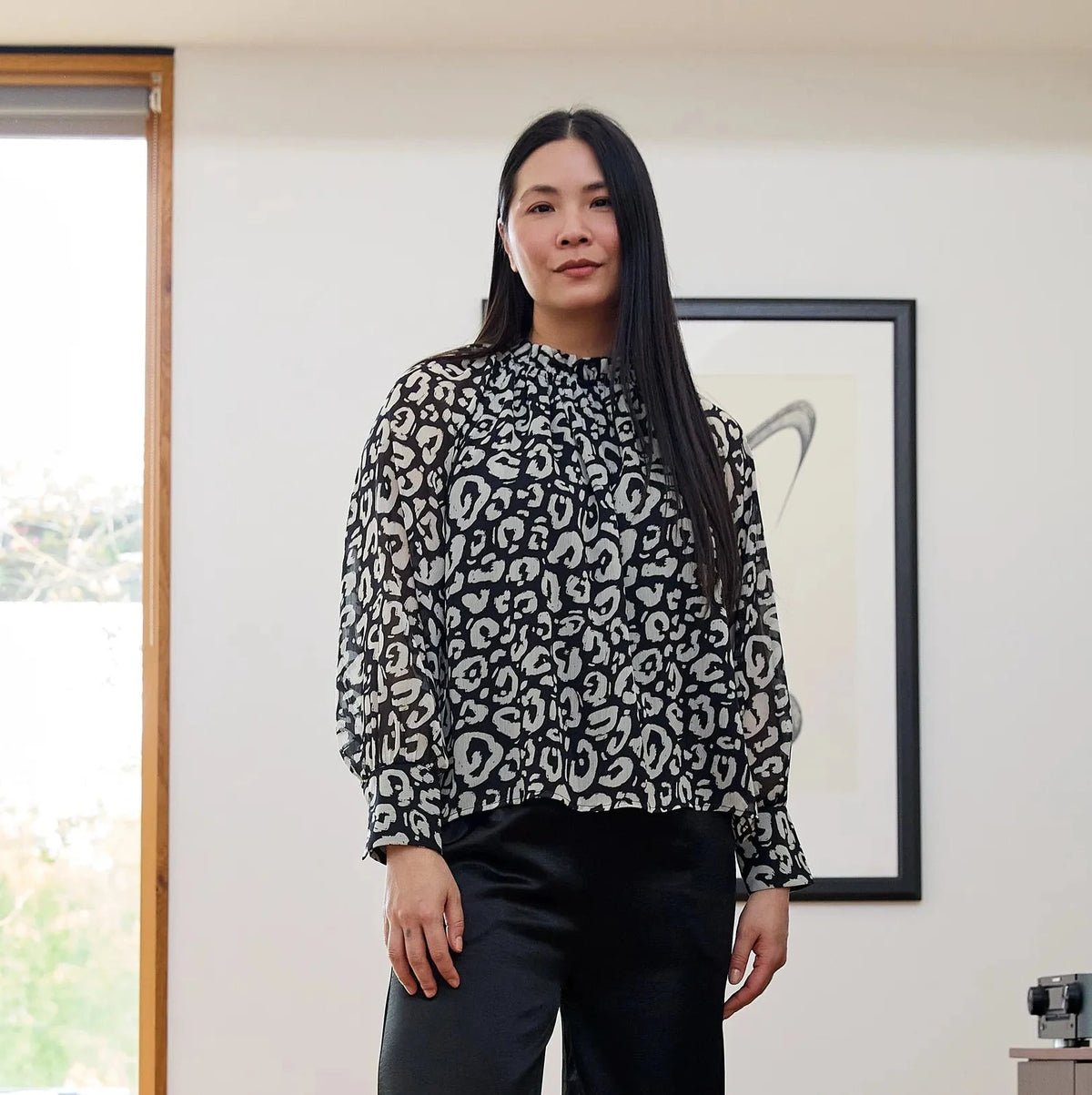 Painterly Leopard High Neck Blouse - Black/White