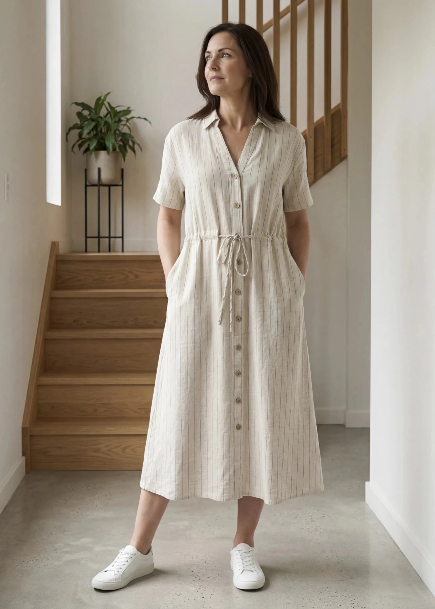 Pinstripe Button Through Shirt Dress - Natural - Simply Rye
