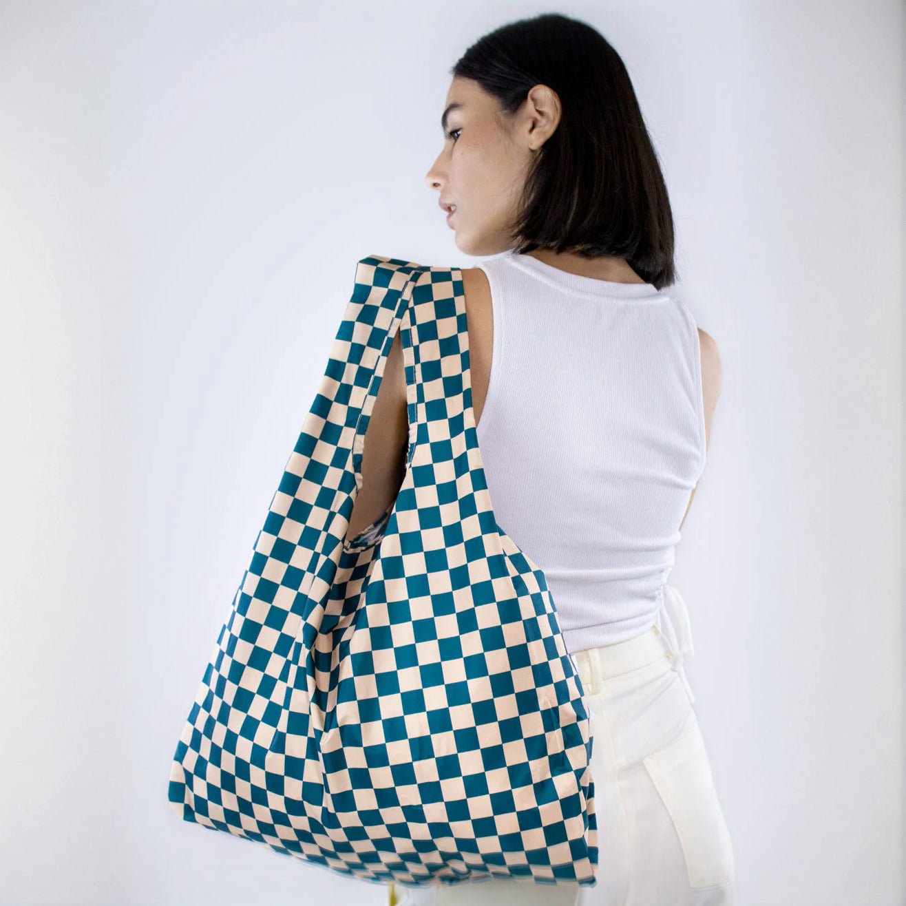 Reusable Bag - Checkerboard Teal/Beige - Simply Rye