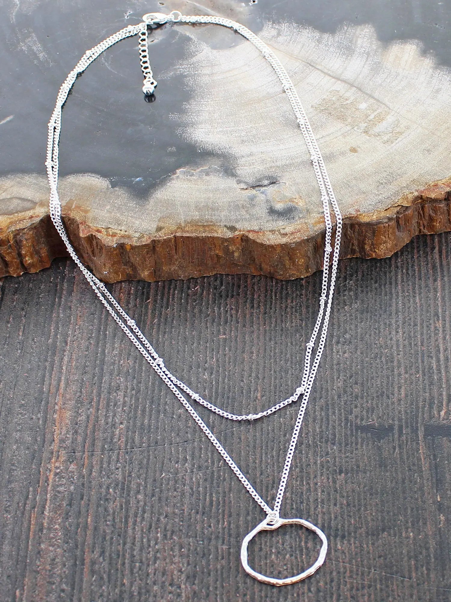 Silver Plated Double Chain Necklace with Ring Pendant - Simply Rye