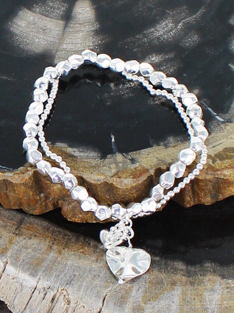 Silver Plated Double Strand Heart Charm Bracelet - Simply Rye