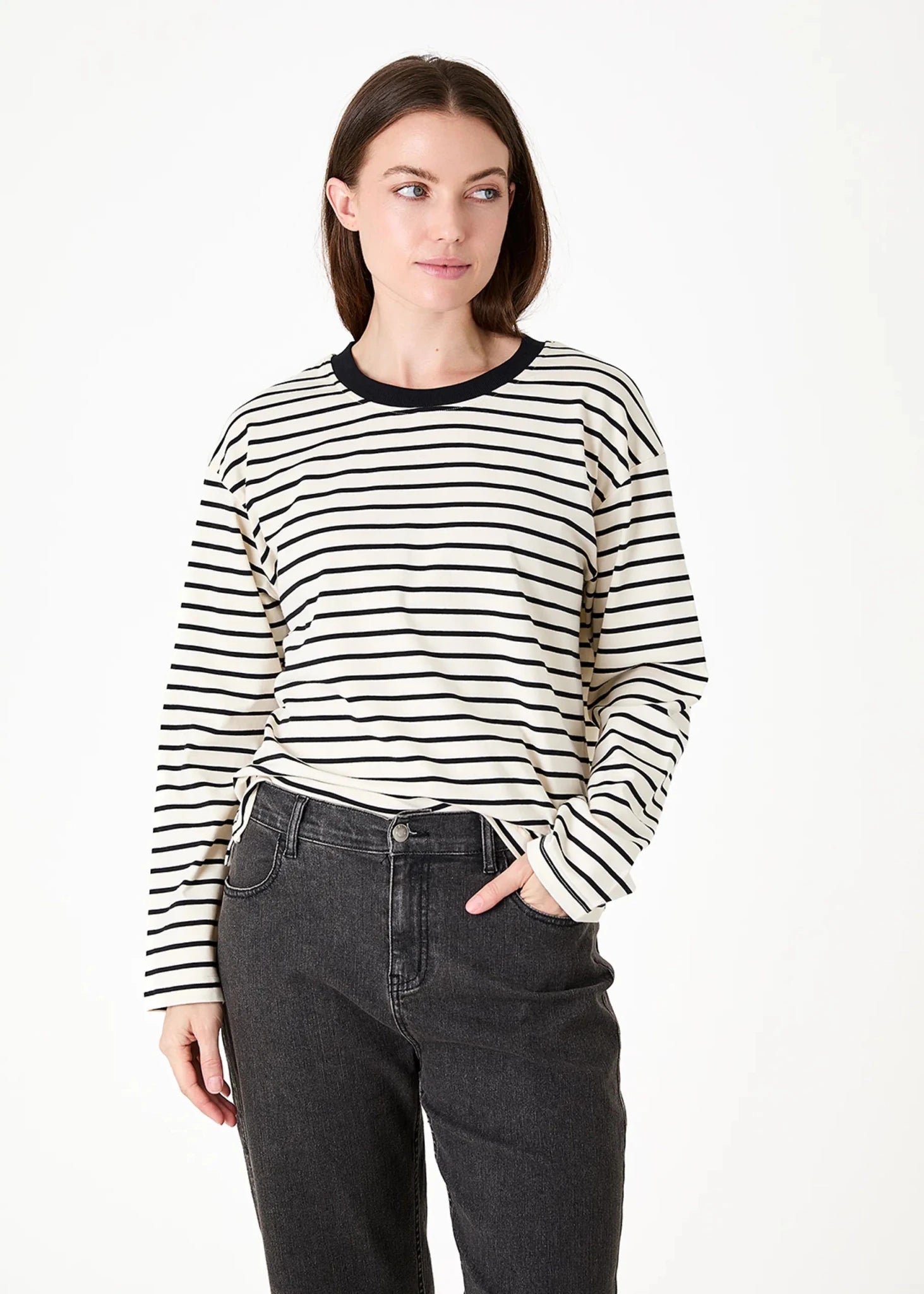 Stripe Crew Neck Long Sleeve T-Shirt - Ivory - Simply Rye
