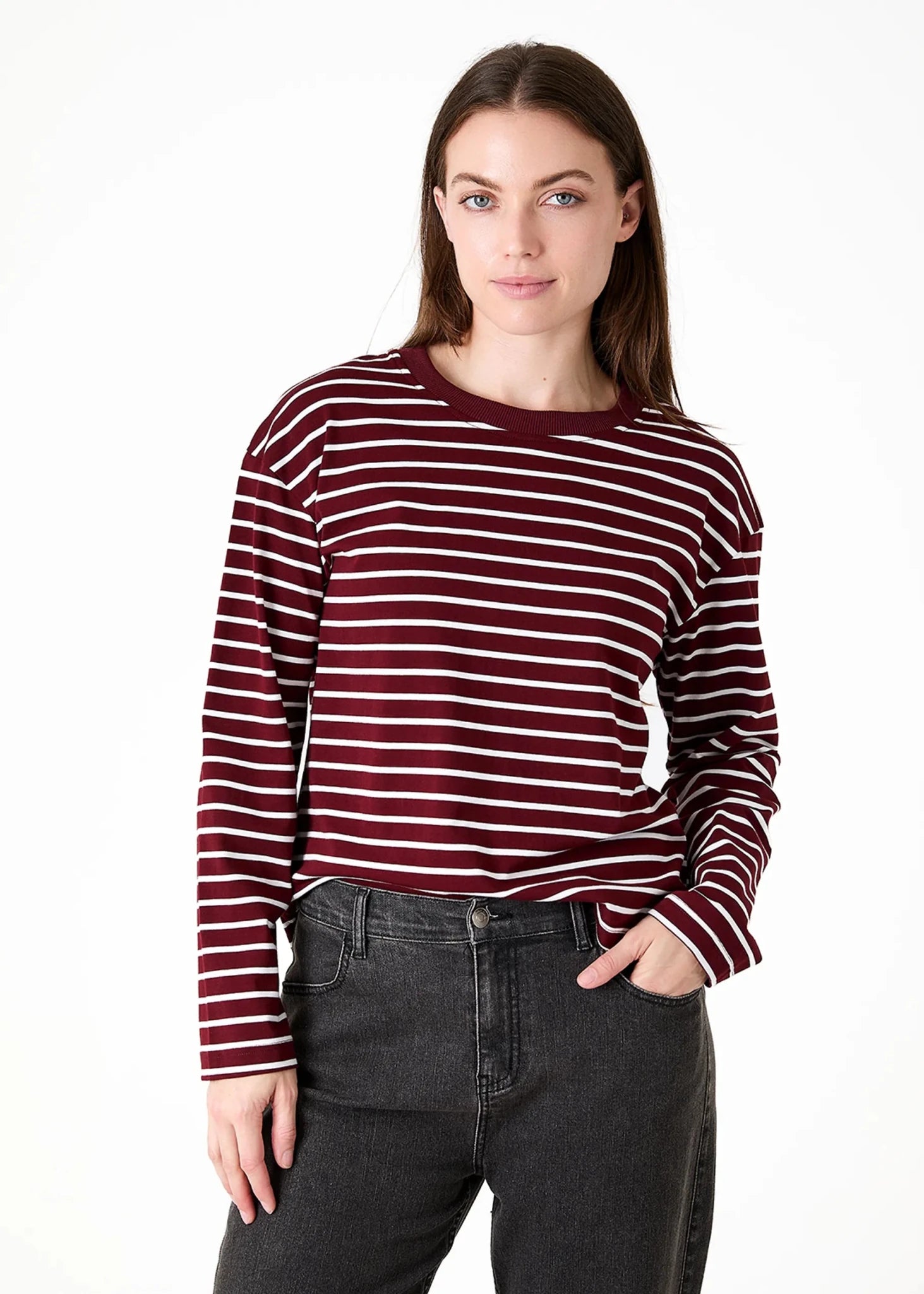 Stripe Crew Neck Long Sleeve T-Shirt - Merlot - Simply Rye